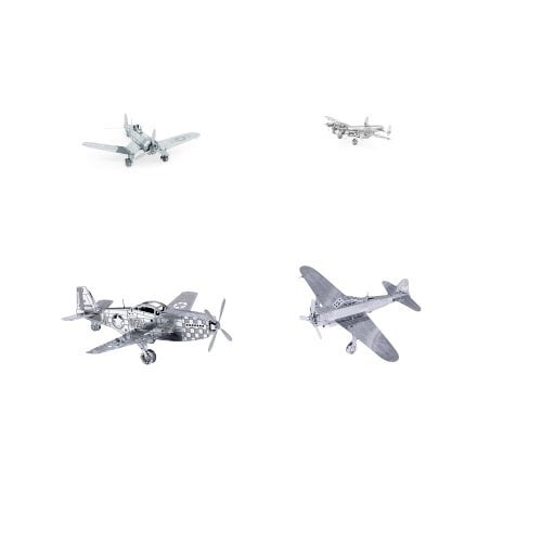 Set of 4 Metal Earth 3D Laser Cut Plane Models: Avro Lancaster Bomber, Mitsubishi Zero, F4U Corsair, P-51 Mustang