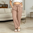 thumbnail image 4 of VEKDONE Plus Size Wide Leg Pants for Women Elastic Waist Drawstring Long Pants Summer Loose Fit Lightweight Daily Office Pants with Pockets Beige XXXL, 4 of 6