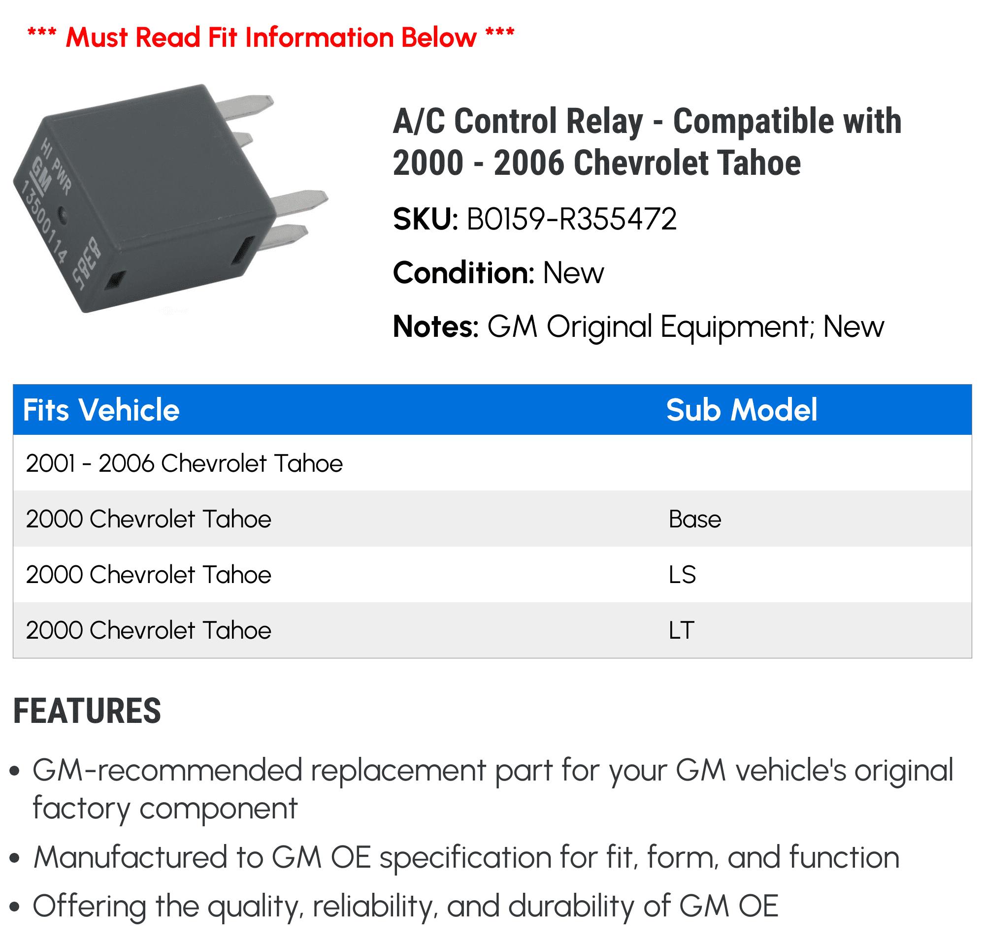 A/C Control Relay - Compatible with 2000 - 2006 Chevy Tahoe 2001 2002 2003 2004 2005