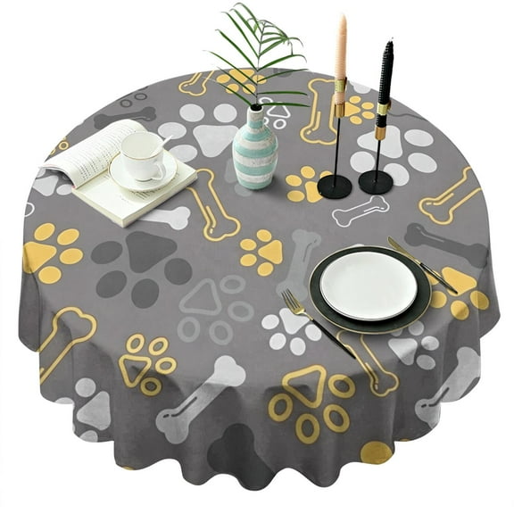 Dog Paw and Bone Round Tablecloth 60"x60",Wrinkle Wipeable Table Cloth for Kitchen Dining Room Picnic Patio Party