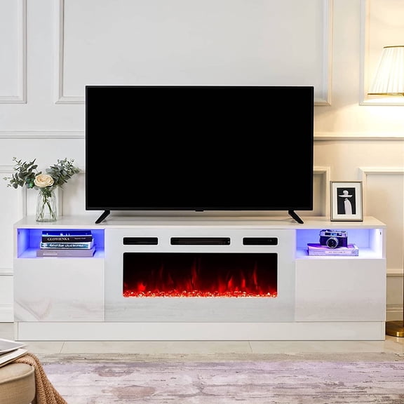 MerluxyTV Stand with Fireplace, LED Light Entertainment Center with 36" Electric Fireplace, 70" Modern Wood Entertainment Stand with Highlight Storage Cabinet for TVs up to 80", White