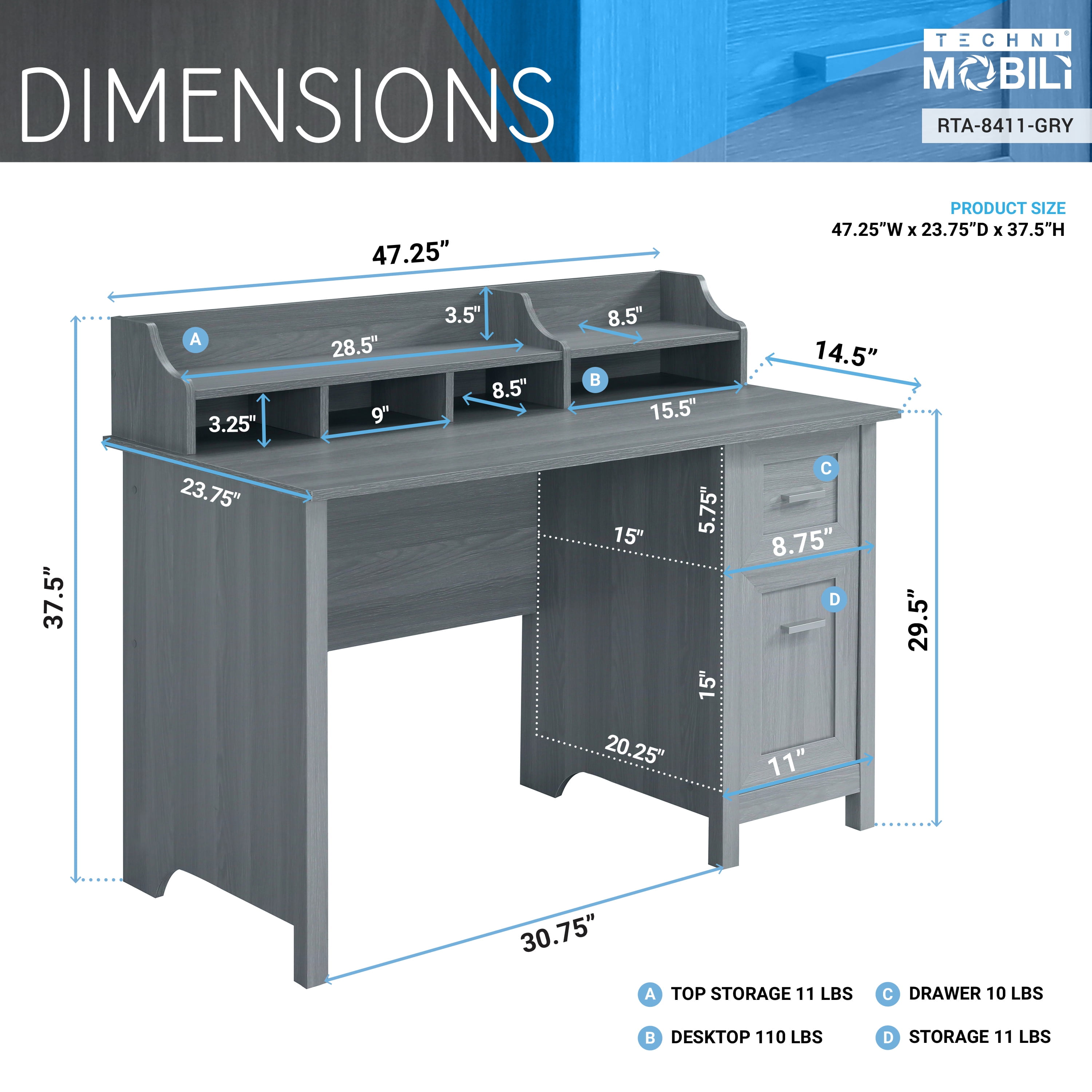 Techni Mobili Classic Office Desk with Storage, Gray RTA-8411-GRY
