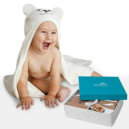 Bimboly Luxury Hooded Baby Towel and Washcloth Set (White) | Extra Soft Mix of Organic Bamboo and Cotton for Infant, Toddler, Newborn and Kids | Great for Boy and Girl at Bath, Pool or