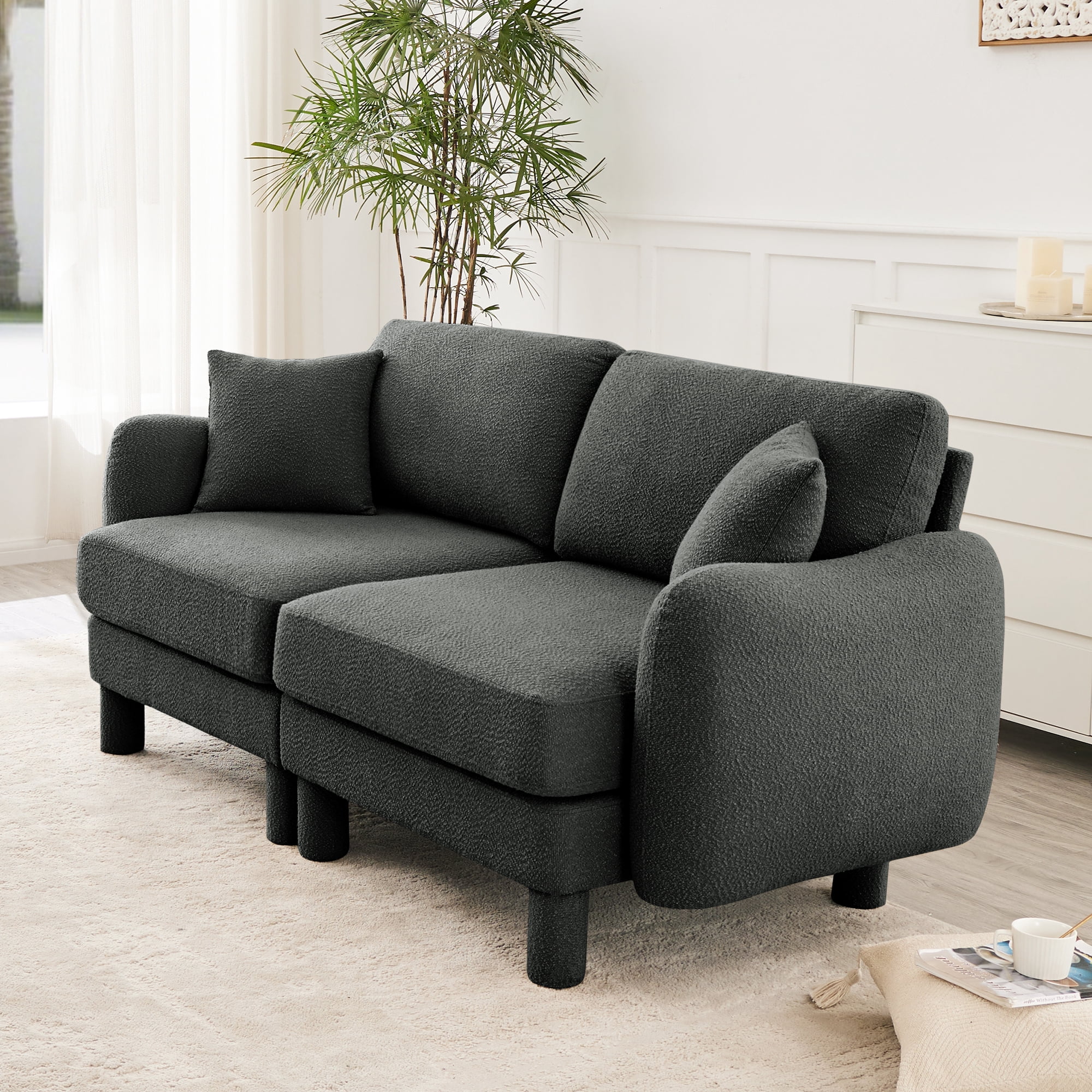 Gewnee Dark Grey 2-Seater Boucle Loveseat with Shell Armrests & Fabric-Wrapped Cylindrical Legs - Ideal for Bedroom Reading Nook, Home Office Lounge