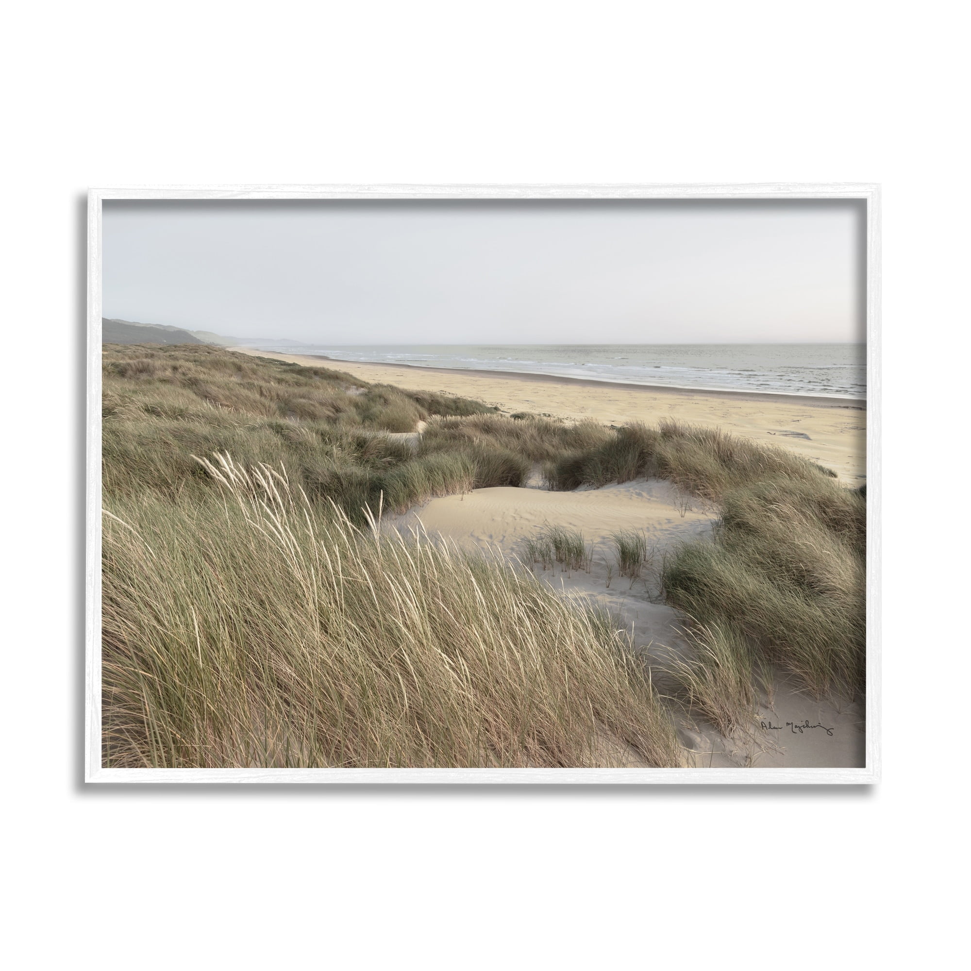Stupell Industries Muted Beach Coast Tall Grassy Dunes Distant Mountains Photography White Framed Art Print Wall Art, 20x16, by Alan Majchrowicz