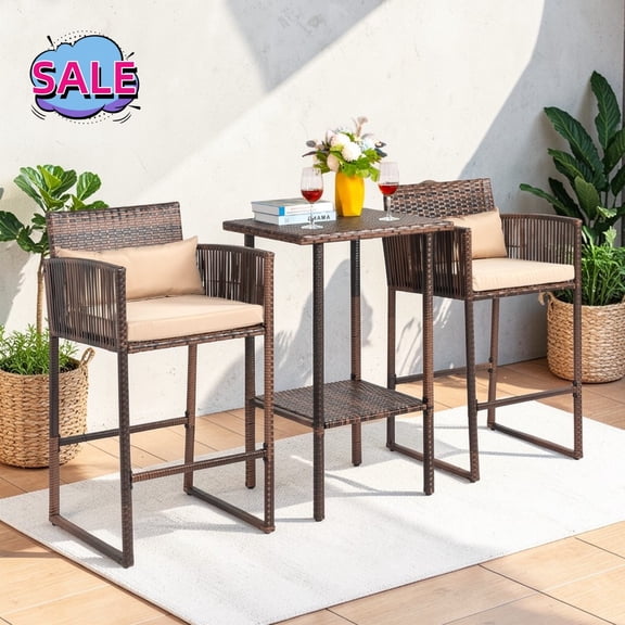 Hassch 3-Piece Outdoor Patio Bar Set, Rattan Bar Table Set, Side Table with Storage Shelf, 2 Armchair with Cushion for Backyard, Poolside, Garden, Deck, Lawn, Brown