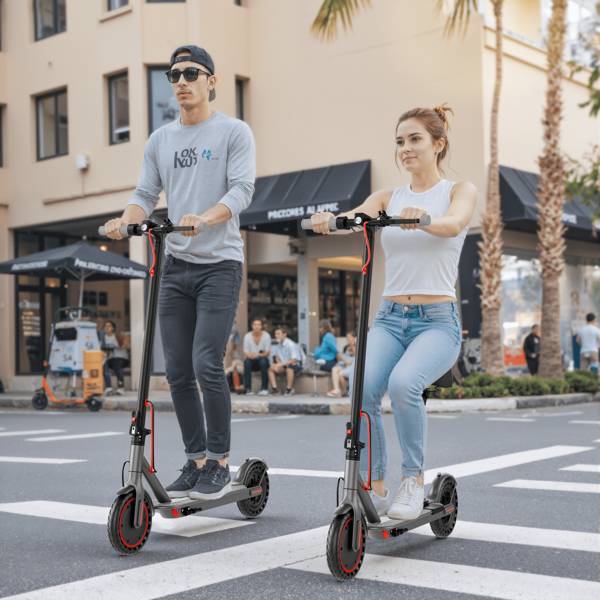 PORORO Electric Scooter with Seat, 8.5" Folding Commuter E-Scooter for Adults, 350W Motor, 16MPH & 10-15Mile Range