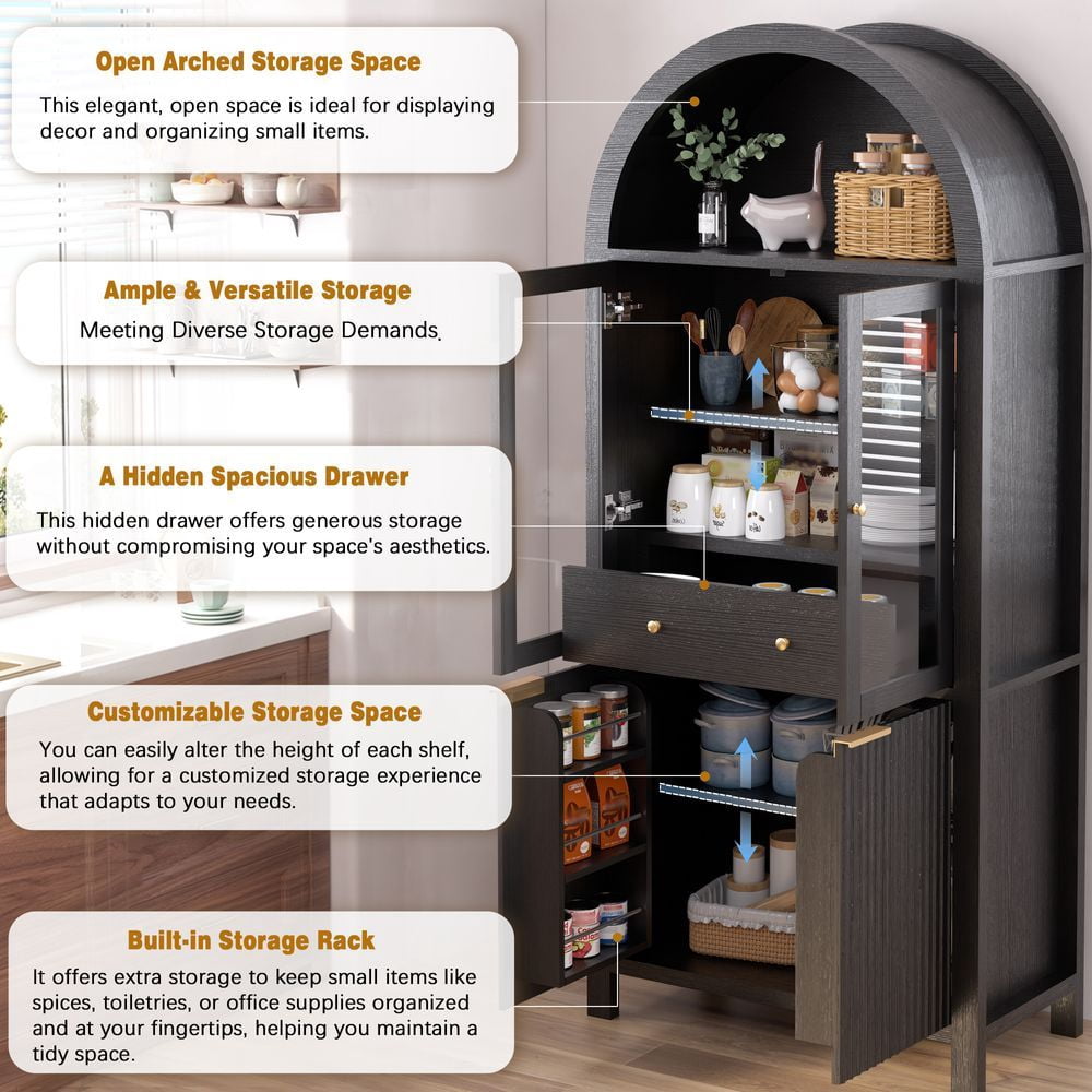 MIDOQIN  71" Tall Arched Bookcase, Farmhouse Display Cabinet with Adjustable Shelves, Hidden Drawer & Glass Door Bookshelf