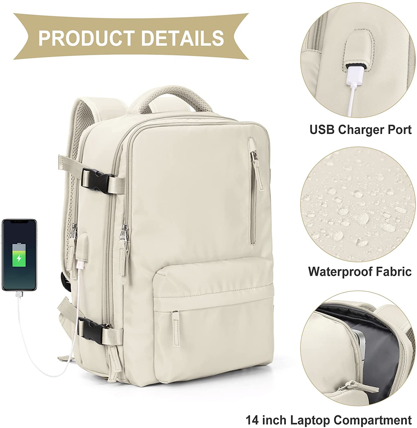 Large Travel Backpack Women, Carry On Backpack,Hiking Backpack Waterproof Outdoor Sports Rucksack Casual Daypack School Bag Fit 14 Inch Laptop with USB Charging Port Shoes Compartment - image 5 of 7