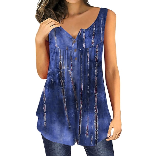 Mujeres verano tops casual botón plisado cuello redondo impreso sin mangas túnica camiseta blusa suelta camiseta Pompotops lopia987570