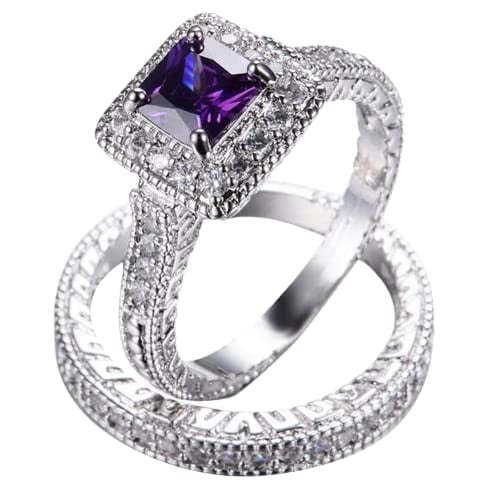 HeartsAndYou 3ct Natural Amethyst Bridal Set Halo Engagement Ring 100% 14k SOLID White Gold
