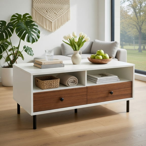 Demi Bonn Coffee Table, Rectangular Coffee Table, 2 Tier 40ch Length Modern Rectangle Coffee Table with Storage Shelf and Drawers, for Living Room, Reception Room, Office, White