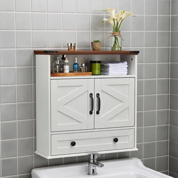 GOCAPTAIN Modern Wall-Mounted Bathroom Cabinet with Barn Doors, Medicine Cabinet Storage Organizer with Adjustable Shelf & Drawer for Kitchen, Laundry, White