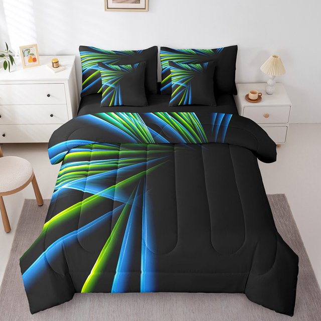 Erosebridal Ensembles de Literie Géométriques Bleu Vert Format Très Grand, Ensembles de Douillette à Rayures Abstraites avec Draps, Décor Mode Moderne, Réversible