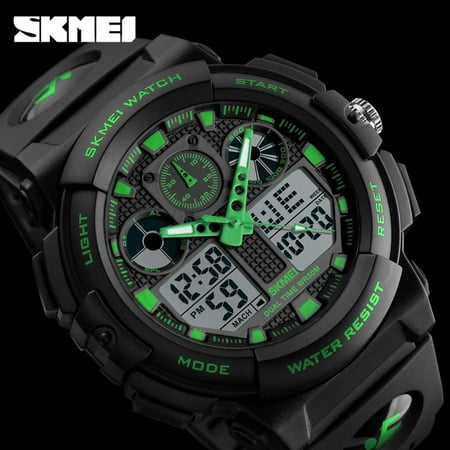 Skmei Men's Digital Analog Sports Military Watches Waterproof Outdoor LED Backlight Display Alarm Stopwatch,green
