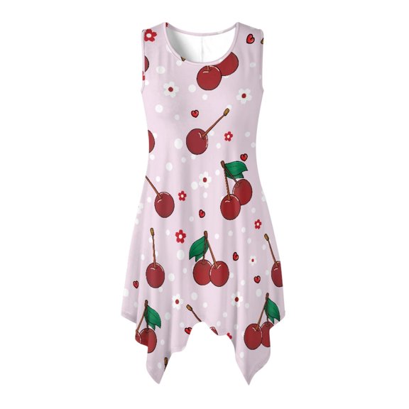 HELLHERO Cherry Polka Dot Pattern Summer Sleeveless Dress, Side Pockets Sleeveless Sundress Round Neck Long Lasting Wear Asymmetric Hem Midi Dress for Daily