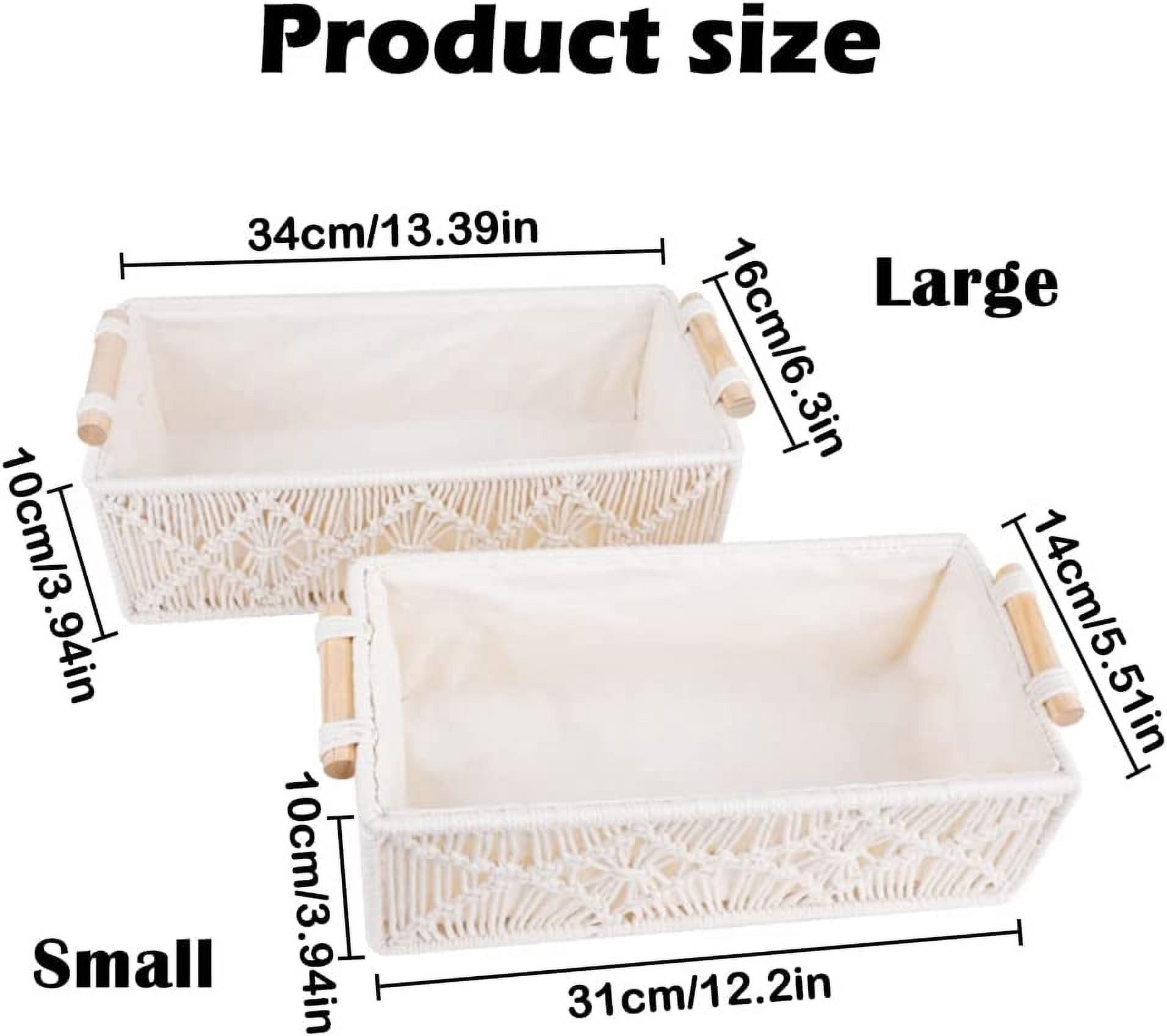 2Pcs Macrame Storage Baskets, White Boho Bathroom Decor Woven Baskets with Wooden Handles, Handmade Countertop Toilet Cabinet Organizer Boxes for Home, Shelves (Large+Small)