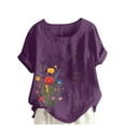 thumbnail image 2 of iHengLiXing Plus Size Womens Tops Dressy Casual Women Fashion Casual Linen Top Printed Short Sleeve Button T-shirt Blouse Top Purple XXXXL, 2 of 4