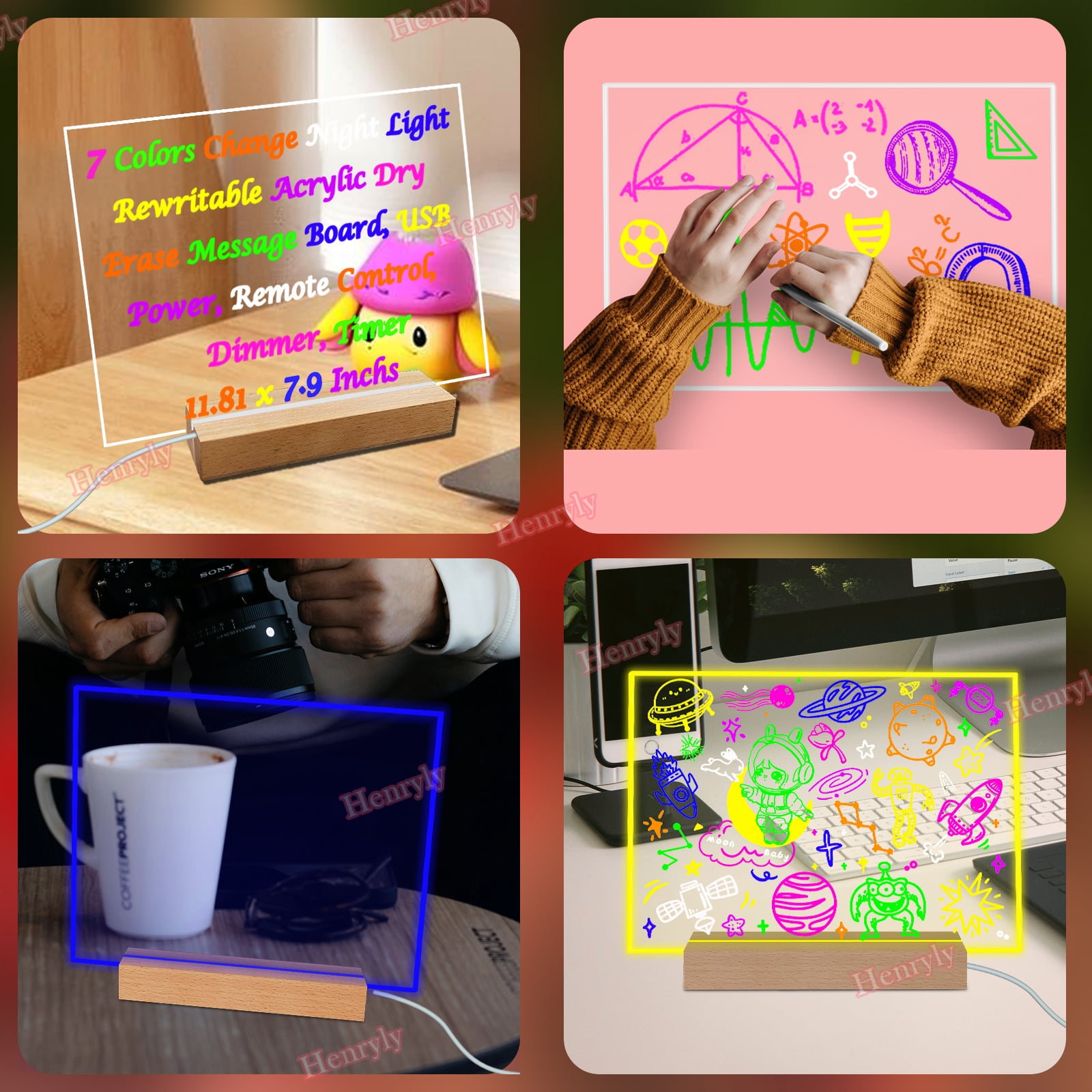 7 Colors Remote Control Acrylic Dry Erase Board with Light Up Wooden Stand for Desk 11.81 x 7.87” Clear Desktop Note Memo White Board Notepad Table LED Letter Massage Boards for Personal Creative Use