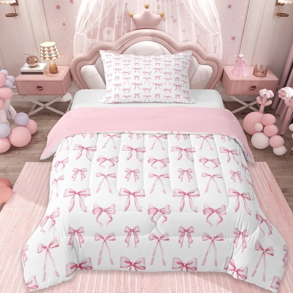 Erosebridal Pink Kawaii Bowknot Twin Comforter Sets For Bows Lovers,Kawaii Bowknots Bow Tie Bedding Set, Reversible 2pcs