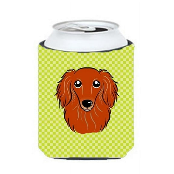 Checkerboard Lime Green Longhair Red Dachshund Can Or Bottle Hugger, 12 Oz.