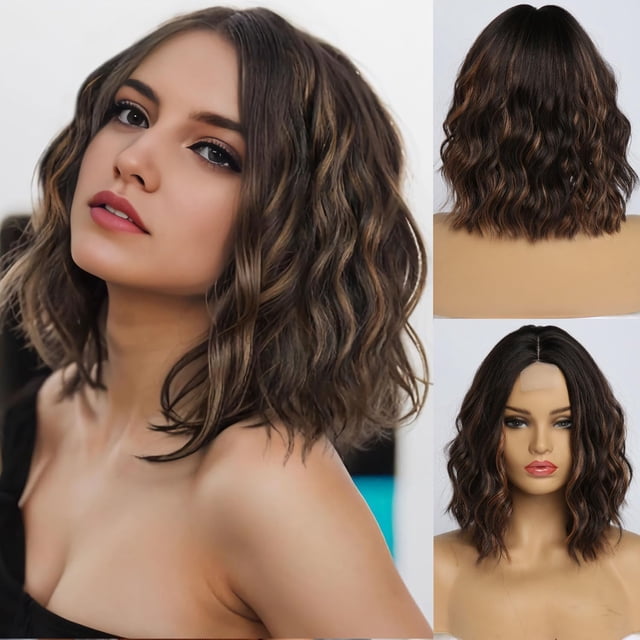 Pelucas Onduladas para Mujer, Frente de Encaje lace front, 14 Pulgadas, Longitud Corta de los Hombros, Parte Media, Peluca Ondulada y Rizada, Peluca de Fibra Sintética Resistente al Calor d