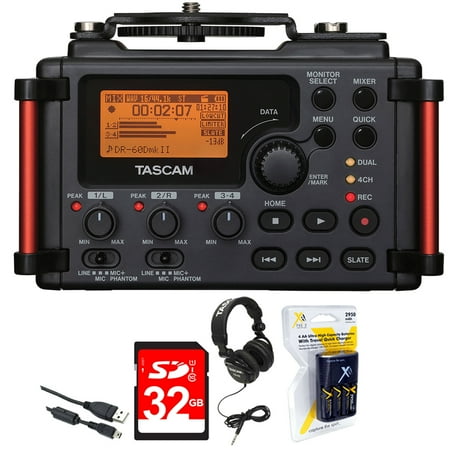 Memory Card Headphones Tascam Portable Recorder for DSLR (DR-60DMKII) + 32GB SDHC Class 10 Memory Card + Closed-Back Headphones + AA Charger (100-240v) w/ 4 2950mah AA Batteries ()