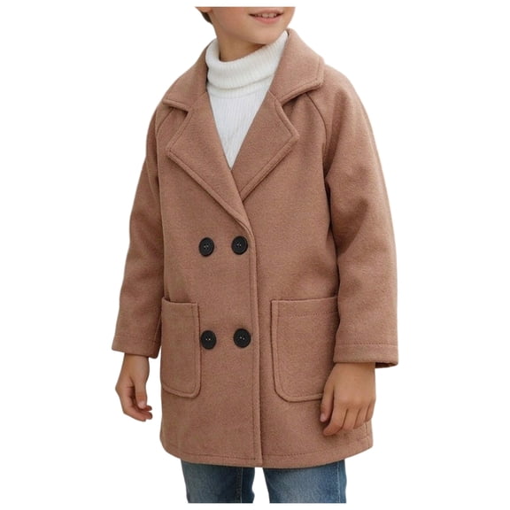 Pandaie Boys Double Breasted Wool Blend Peacoat Lapel Raglan Sleeve Patch Pocket Mid Length Winter Coat Khaki,18-24 Months