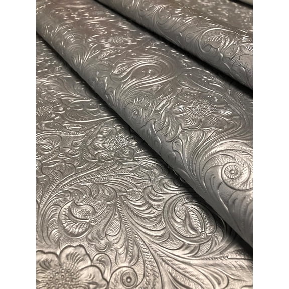 Tooled Faux Leather Western , Floral Embossed Vinyl, Craft DIY and Upholstery Pleather Fabric - Cut by The Yard (Silver)