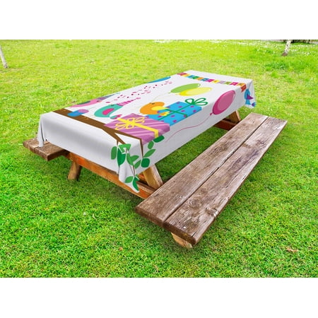 Birthday Cake Fabric - Kids Birthday Outdoor Tablecloth, Singing Birds Happy Birthday Song Flags Cone Hats Party Cake Celebration, Decorative Washable Fabric Picnic Table Cloth, 58 X 84 Inches,Multicolor, by Ambesonne