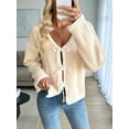 thumbnail image 2 of Women'S Tie Front Cardigan Sweaters Contrast Trim Long Sleeve Knit Sweater Fall Winter Loose Fit V Neck Khaki S, 2 of 8