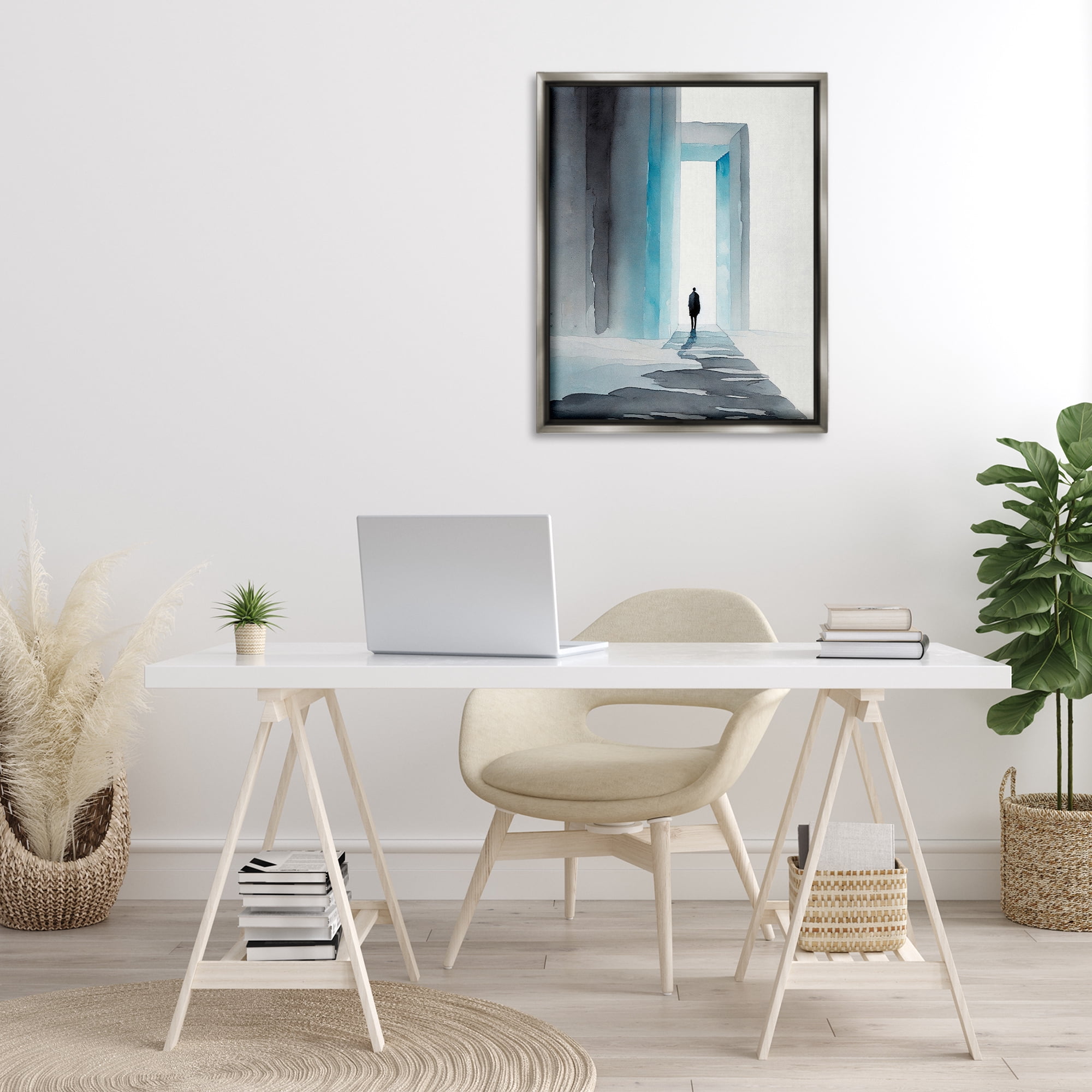 Stupell Industries Person with Snowy Doorway Landscape Painting Gray Floater Framed Canvas Art Print Wall Art, 25 x 31