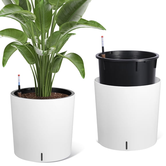 Self-Watering Tall Round Planters, Set of 2 – 20" Large White Flower Pots with Built-in Drainage, Water Level Monitor & Wheels – Indoor/Outdoor Use for Living Room, Patio, Garden, Office