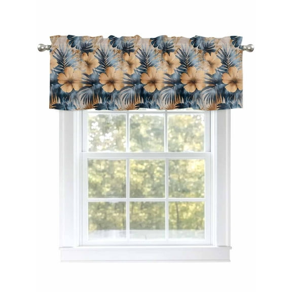 Blue Brown Botanical Curtain Valances for Windows, Summer Palm Leaf Flowers Elegant Kitchen Valance Window Treatment, Light Filtering Block Curtains for Bathroom/Bedroom/Living Room 60'' x 18''