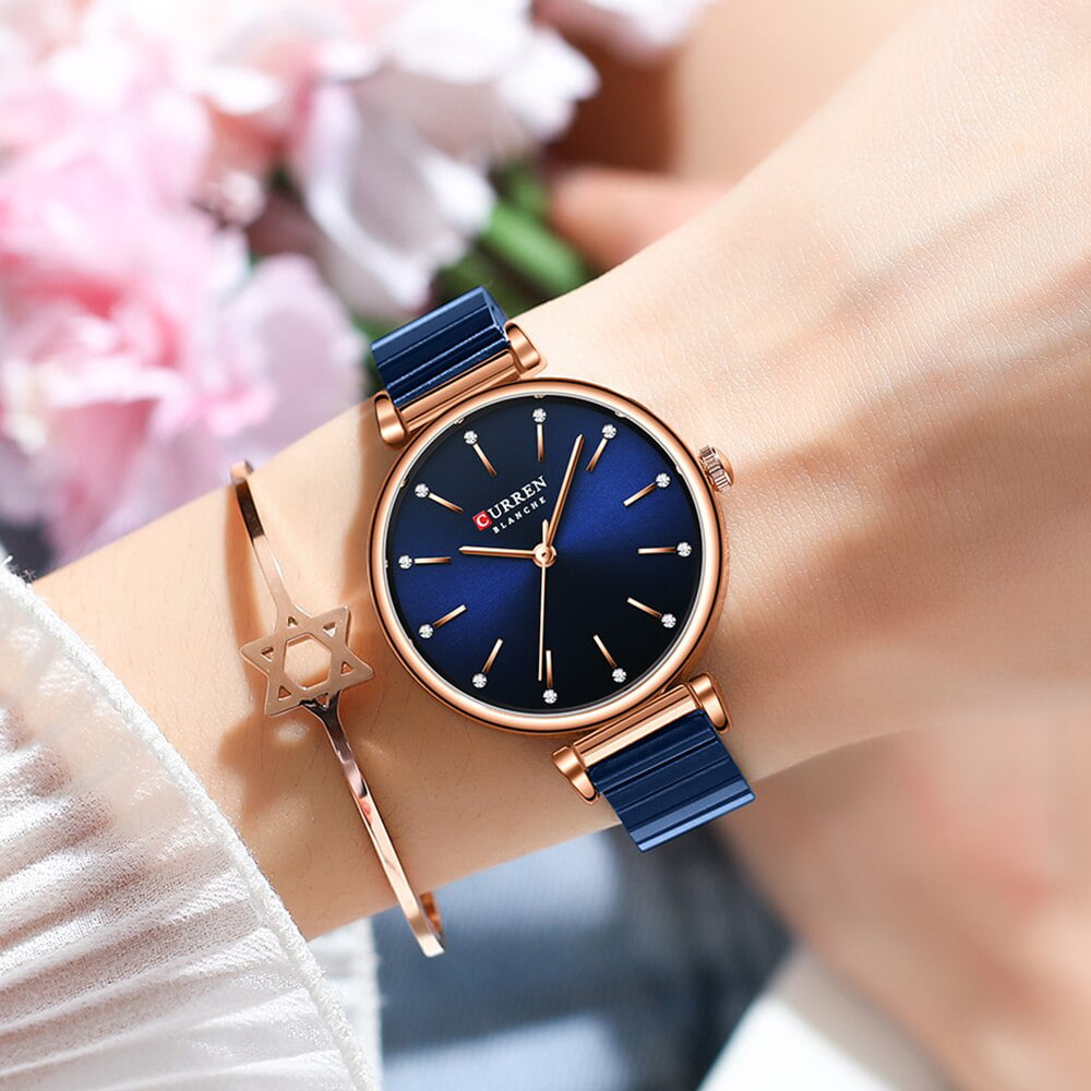 Curren Women Watches Luxury Metal Bracelet Wristwatch Classy Fashion Quartz  Clock Blue Female Stainless Steel Dress Watch - Quartz Wristwatches
