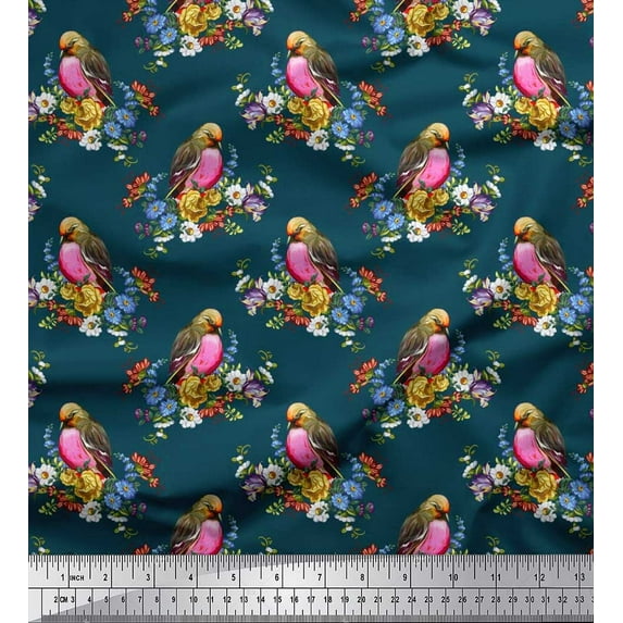Soimoi Blue Cotton Poplin Fabric Leaves,Floral & American Robin Bird Print Fabric by The Yard 42 Inch Wide