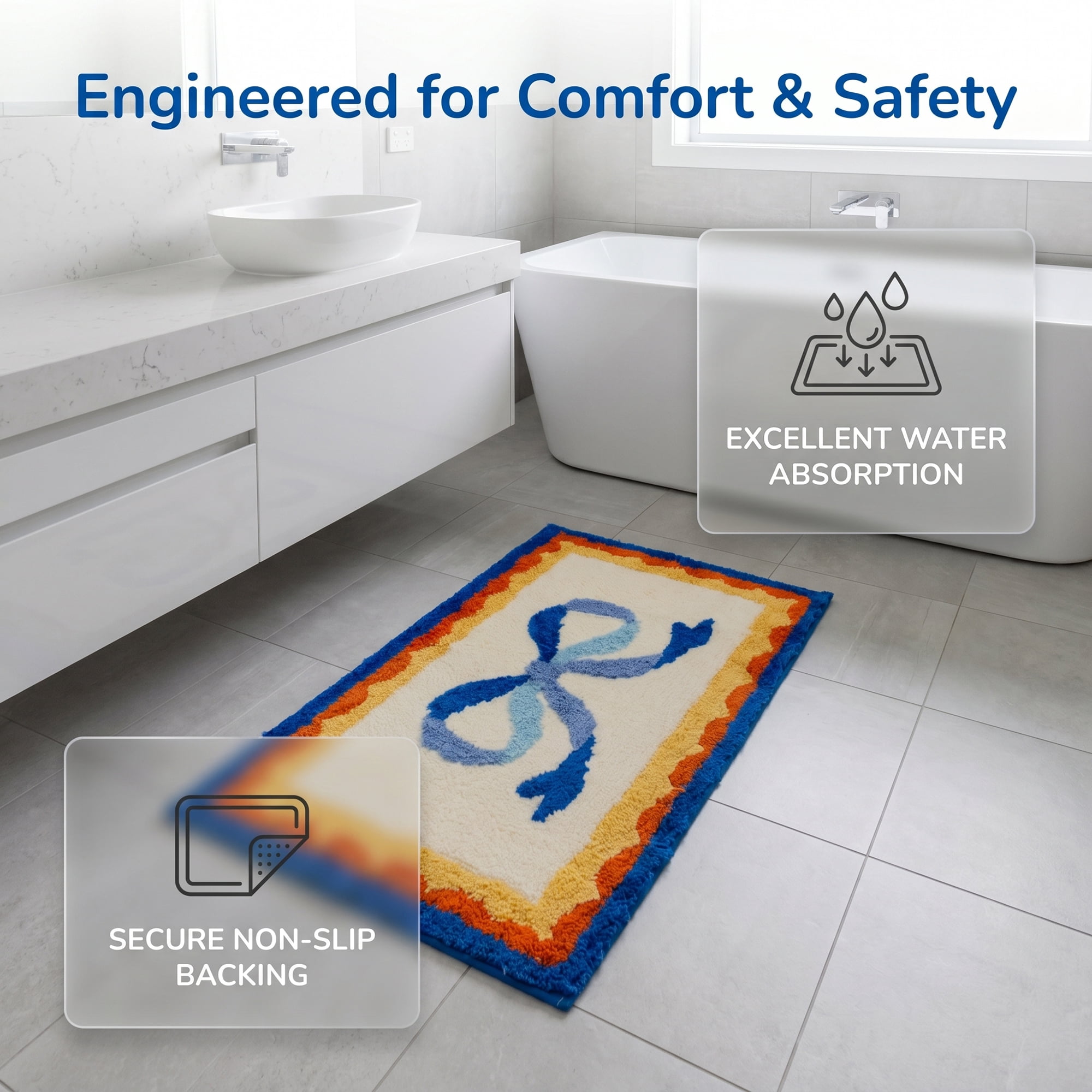Unique Bargains Aesthetic Printed Soft Absorbent Shaggy Bath Mat Blue Red 32" x 20"