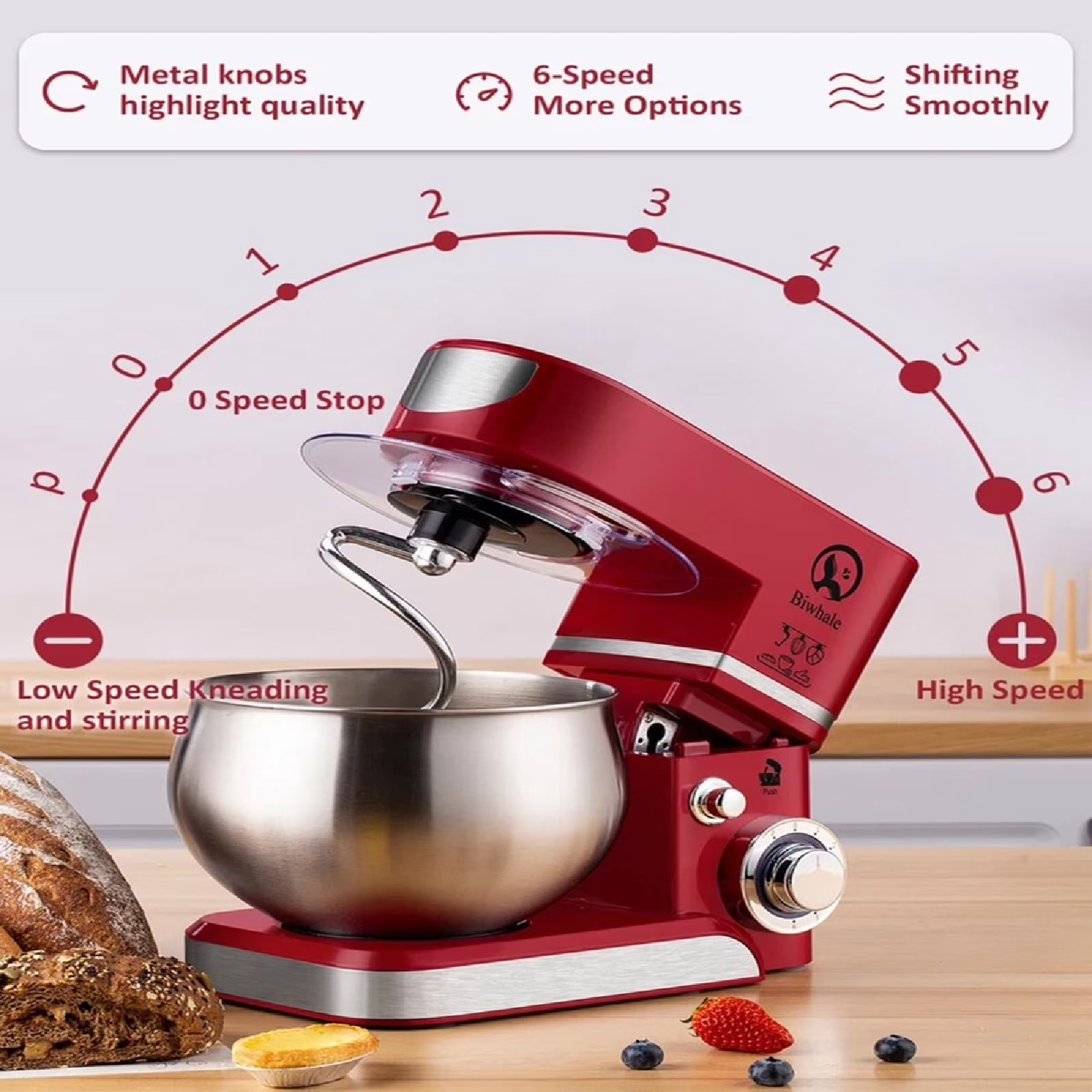 Eurhowing 6.5 QT Stand Mixer 600W, 6-Speed Tilt-Head Electric Kitchen Mixer with Dough Hook, Whisks, Beater & Stainless Steel Bowl for Bread Cake Baking, Home Use