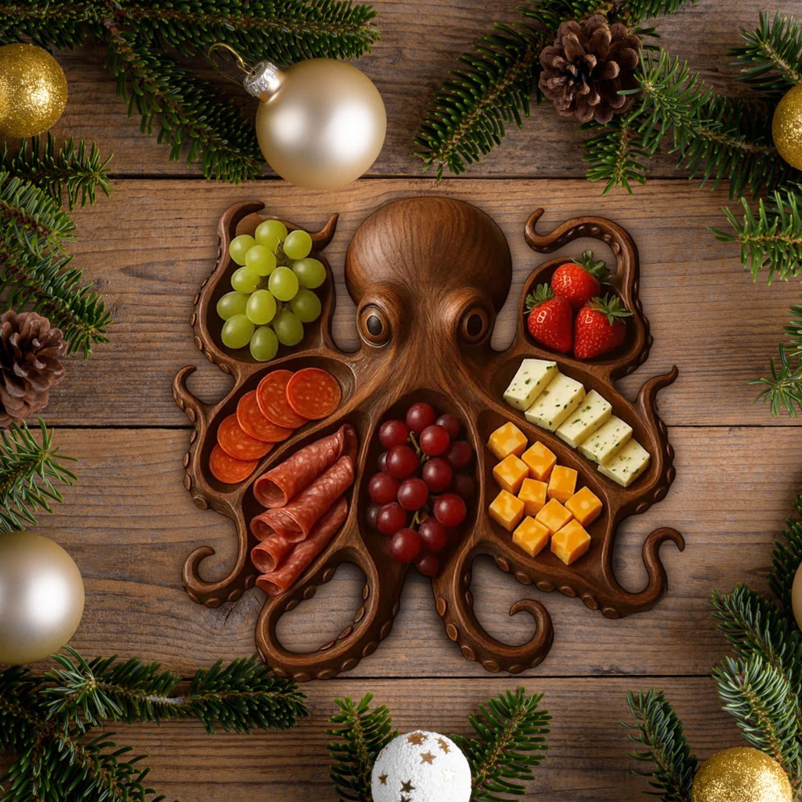 Wood Octopus Fruit Serving Tray Set,Octopus Shape Charcuterie Platter,Ocean Themed Cheese Bread Board Fruit Tray Board