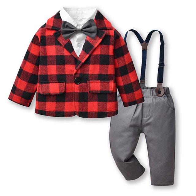 Chaquetas de traje de lentejuelas Ropa para niño pequeño, 3 uds., ropa para bebé, camisa a cuadros para bebé, pantalones con tirantes, conjunto de abrigo,blazer moda(Rojo, 3-6 mes)