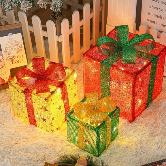 Rosnek Christmas Lighted Gift Boxes Set of 3, Battery Operated Light Up Presents Christmas Decoration, Indoor Outdoor Xmas Present Ornament for Christmas Tree Porch Yard Decor