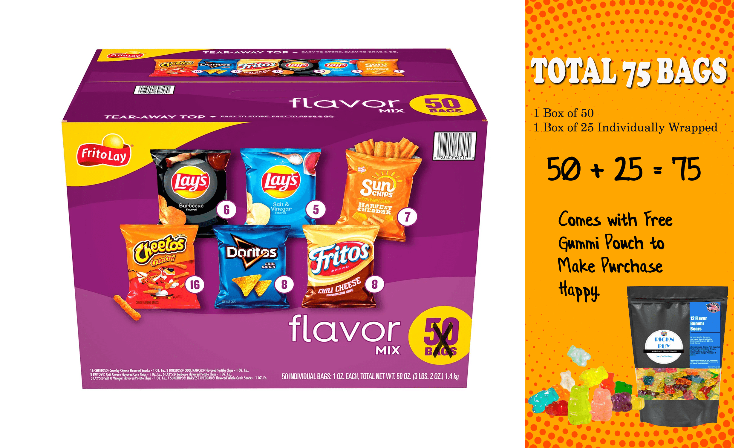 Frito-Lay Flavor Mix Chips Variety Pack, 50 Count, Individually Wrapped Snacks