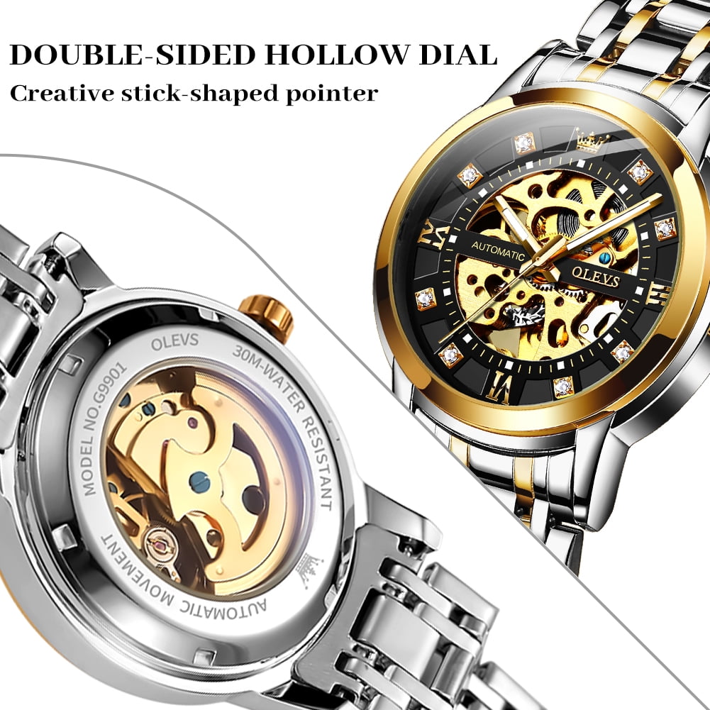 OLEVS Skeleton Watches for Mens Automatic Mechanical self Winding Diamond Luxury Business Dress Stainless Steel Waterproof Luminous Mens Wrist Watches Reloj Para Hombre Blue/White/Black/Gold Dial