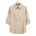 thumbnail image 6 of Linen Blouse for Women Lapel V Neck Rolled Sleeve Button Down Casual Officewear Loose Fit Solid Texture Lightweight Breathable Soft Fabric Summer Fall Tunic Tops, 6 of 7