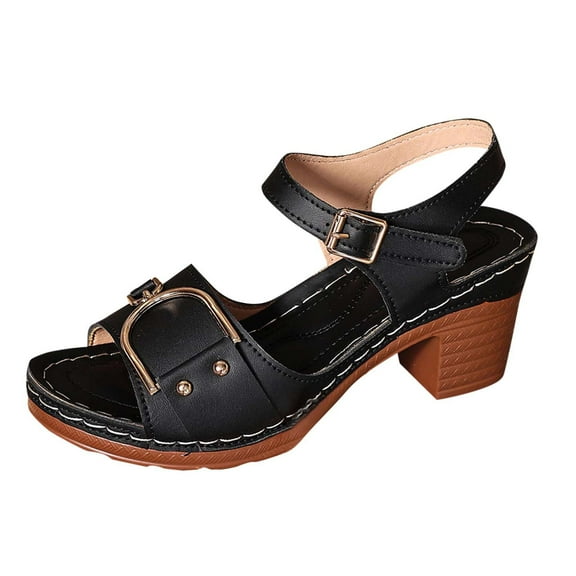 Sandals for Women 2025 Chunky Heel Open Toe Summer Women's Trendy Solid Color Ankle Strap Women Footwear Causal Summer Dressy Beach Shoes for Women Black 6