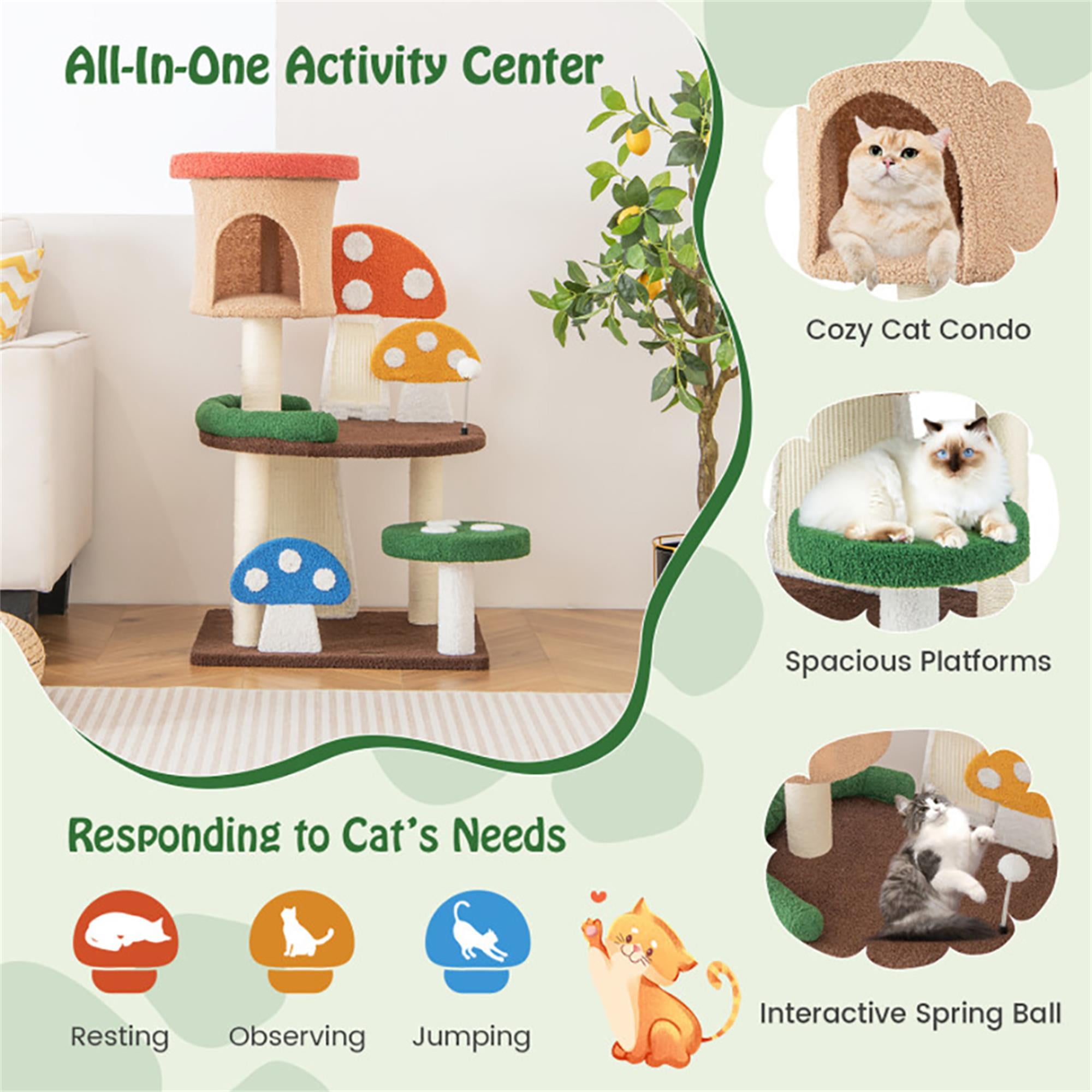 Kadyn 40" Cat Tree Tower with Sisal-Covered Scratching Post, 4-In-1 Mushroom Cat Condo with Padded Perch, for Small Spaces, Kittens, Multicolor