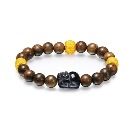 ZHOU LIU FU S925 Silver Gilded Huanghuali Wood Obsidian Pixiu Bracelet for Women 17cm J1915869