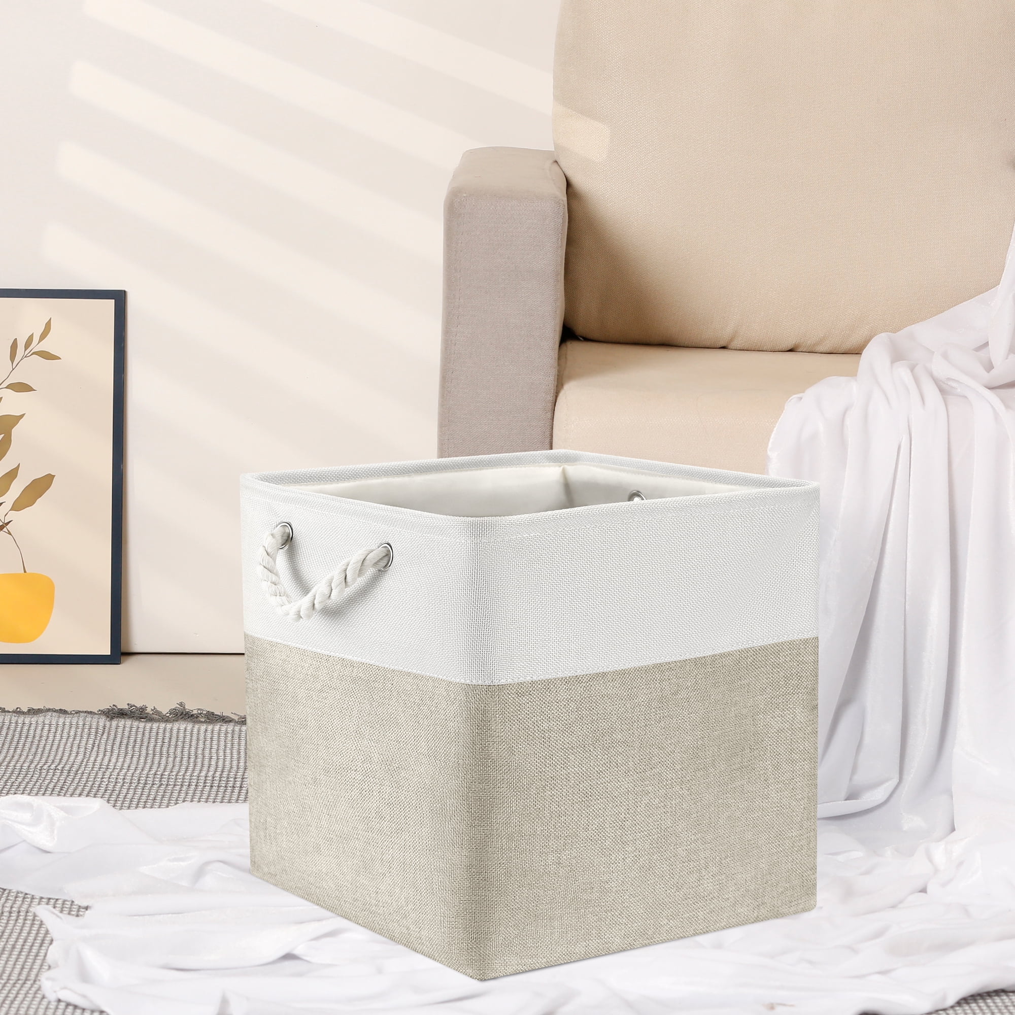 Unique Bargains Square Fabric Storage Basket Bin White/Khaki 13inch