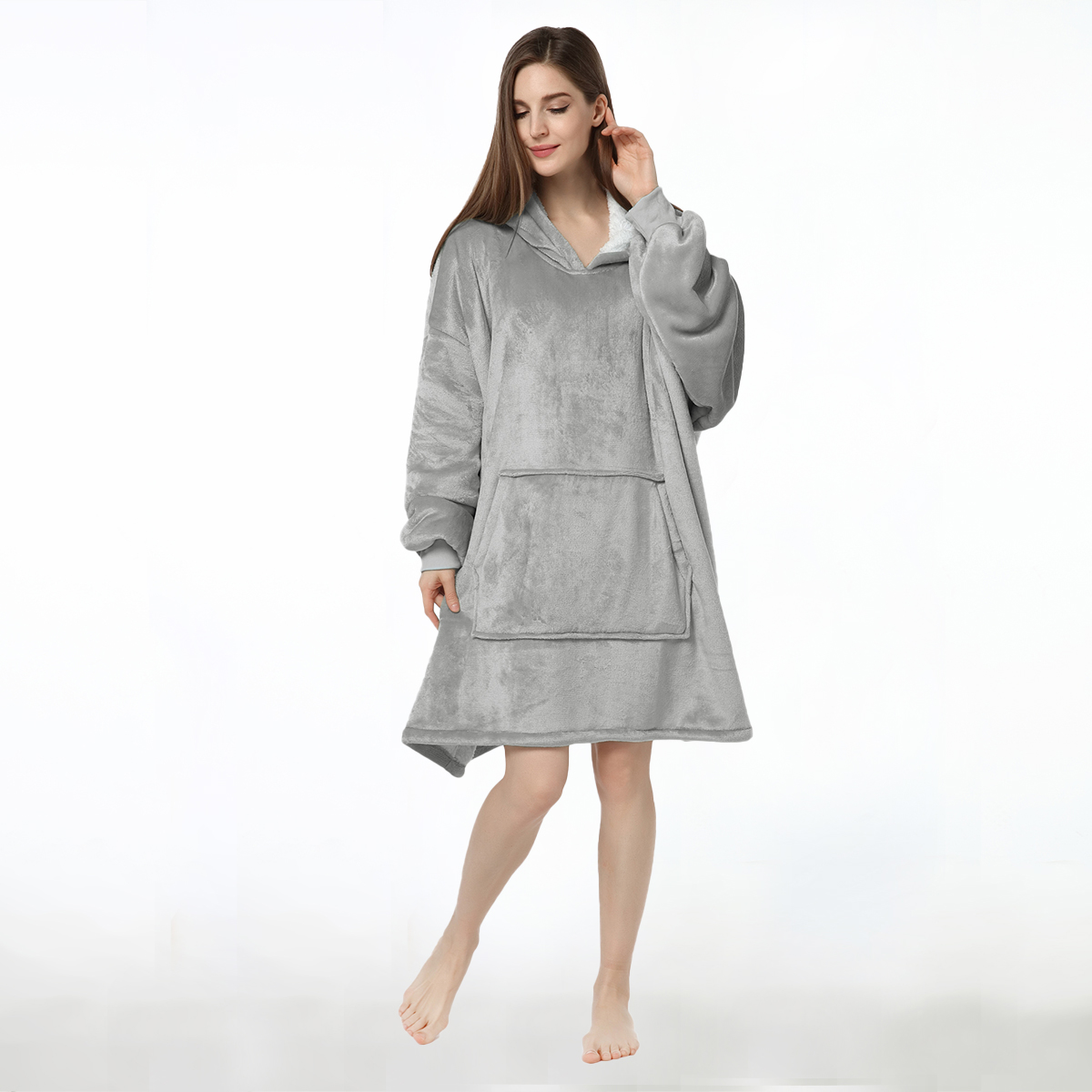Wearable Blanket Hoodie, Oversized Sherpa Fleece Sweatshirt Blanket with Giant Hood Pocket and Sleeves for Adult, Warm & Cozy Grey Blanket