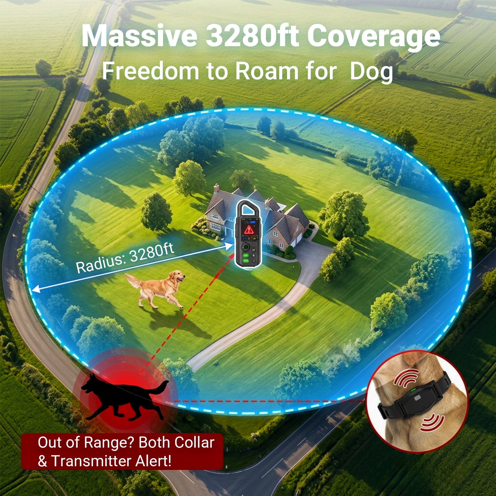 Electric Fence for Dog with Remote Training Collar, Up to 3300ft Fenceless Dog Collar System for Medium Large Dogs, Adjustable Rechargeable Collar